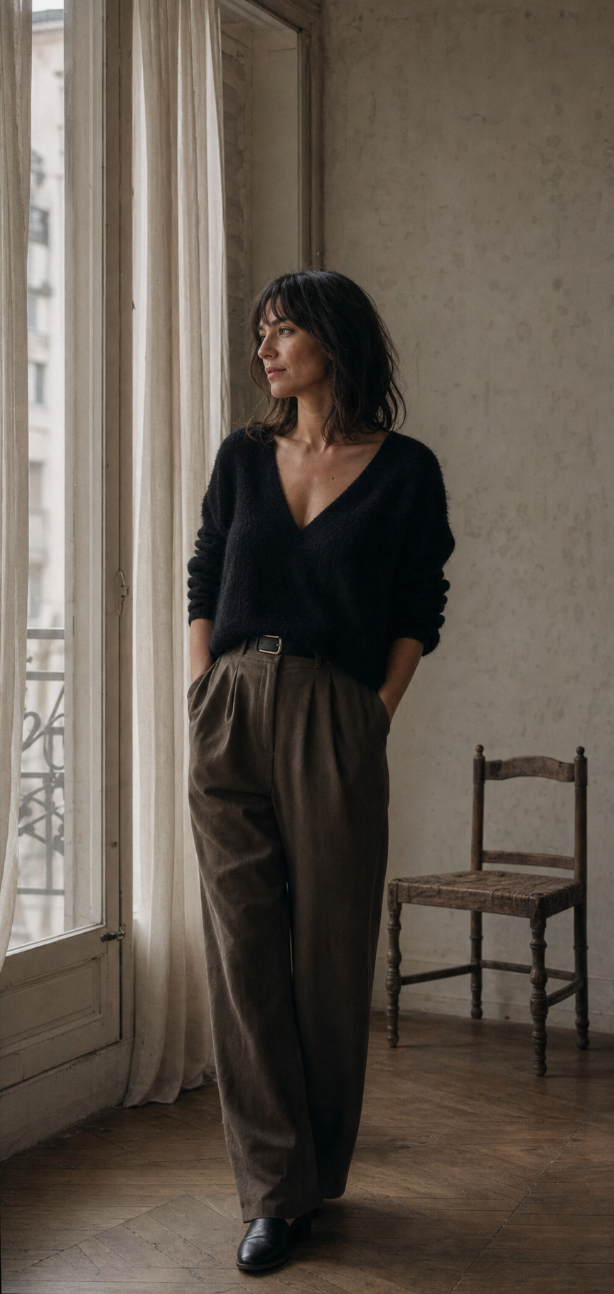 Portrait éditorial d'une femme près d'une fenêtre parisienne